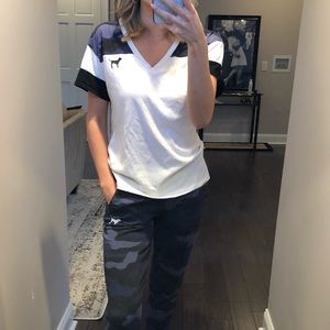 PINK white Vneck with blue camo detail!